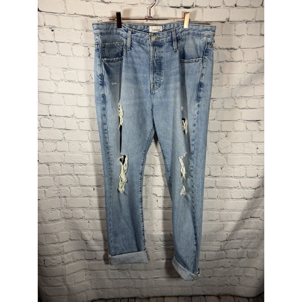 Frame High Rise Relaxed Straight Jeans Distressed Size 33 Light‎ Wash 5 Button